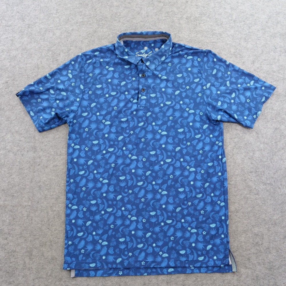 Sunday Crew Polo Shirt Mens Medium Blue Floral Tropical UPF 50 Short Sleeve Golf